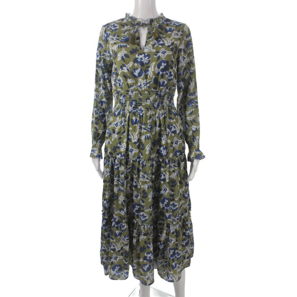 STS Sail To Sable Women Green Floral V-Neck Maxi Dress Long Sleeve Size XS